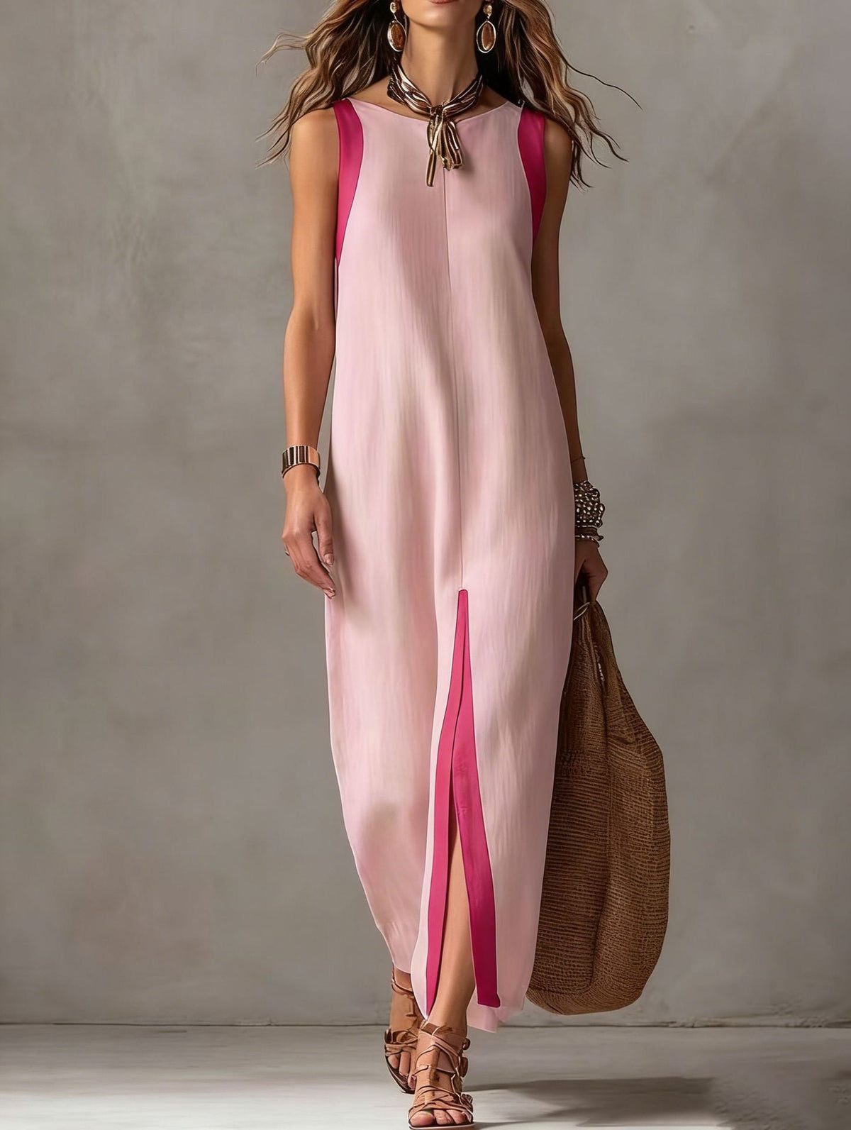 Robe midi droite sans manches bicolore à blocs de couleur