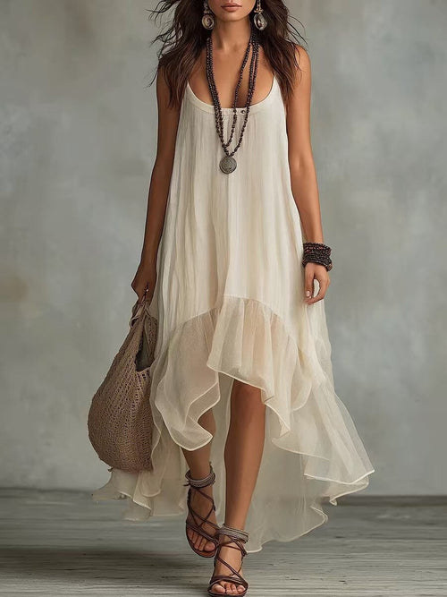 Robe longue sans manches en mousseline avec ourlet à volants irrégulier style bohème