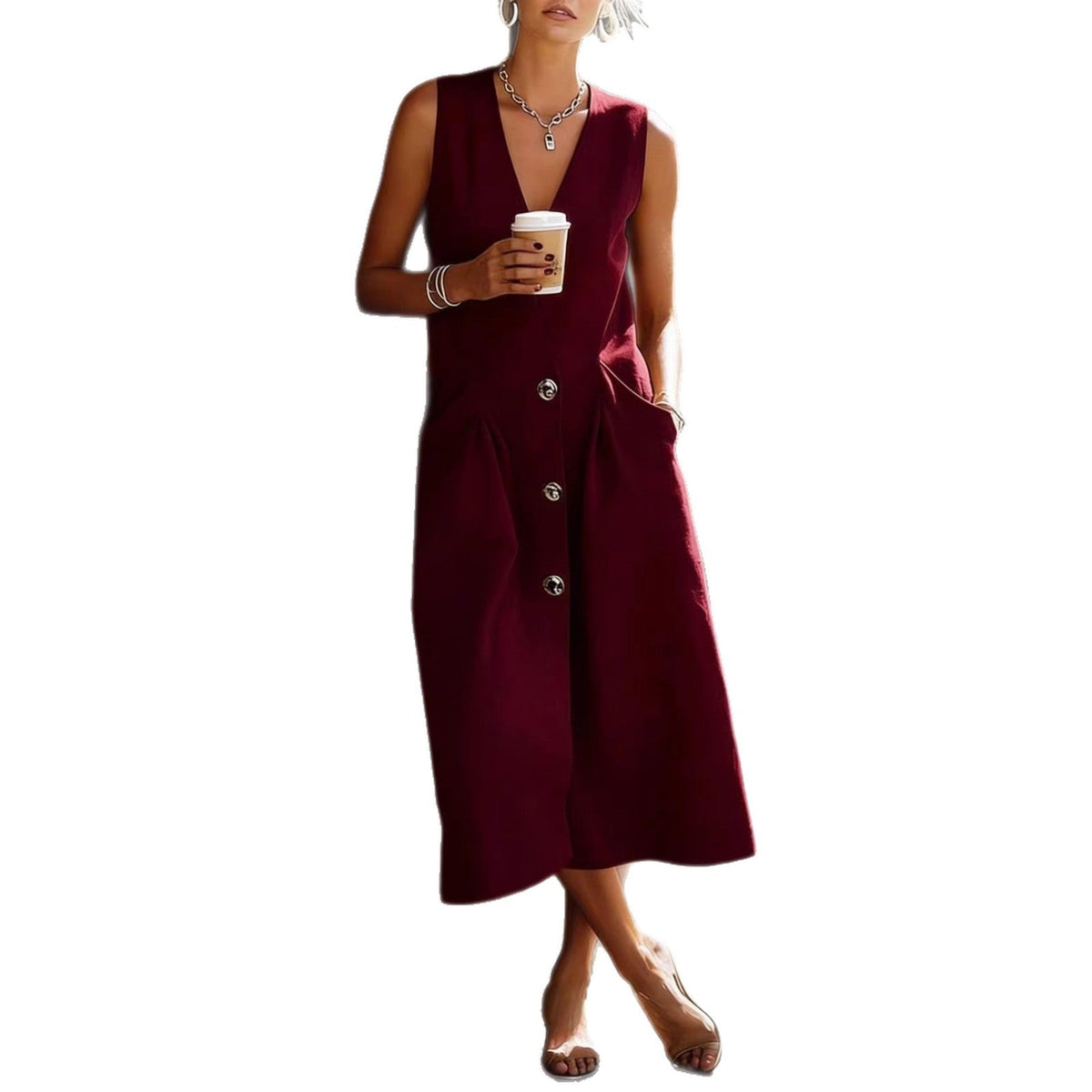Robe midi sans manches à col en V et boutonnée sur le devant