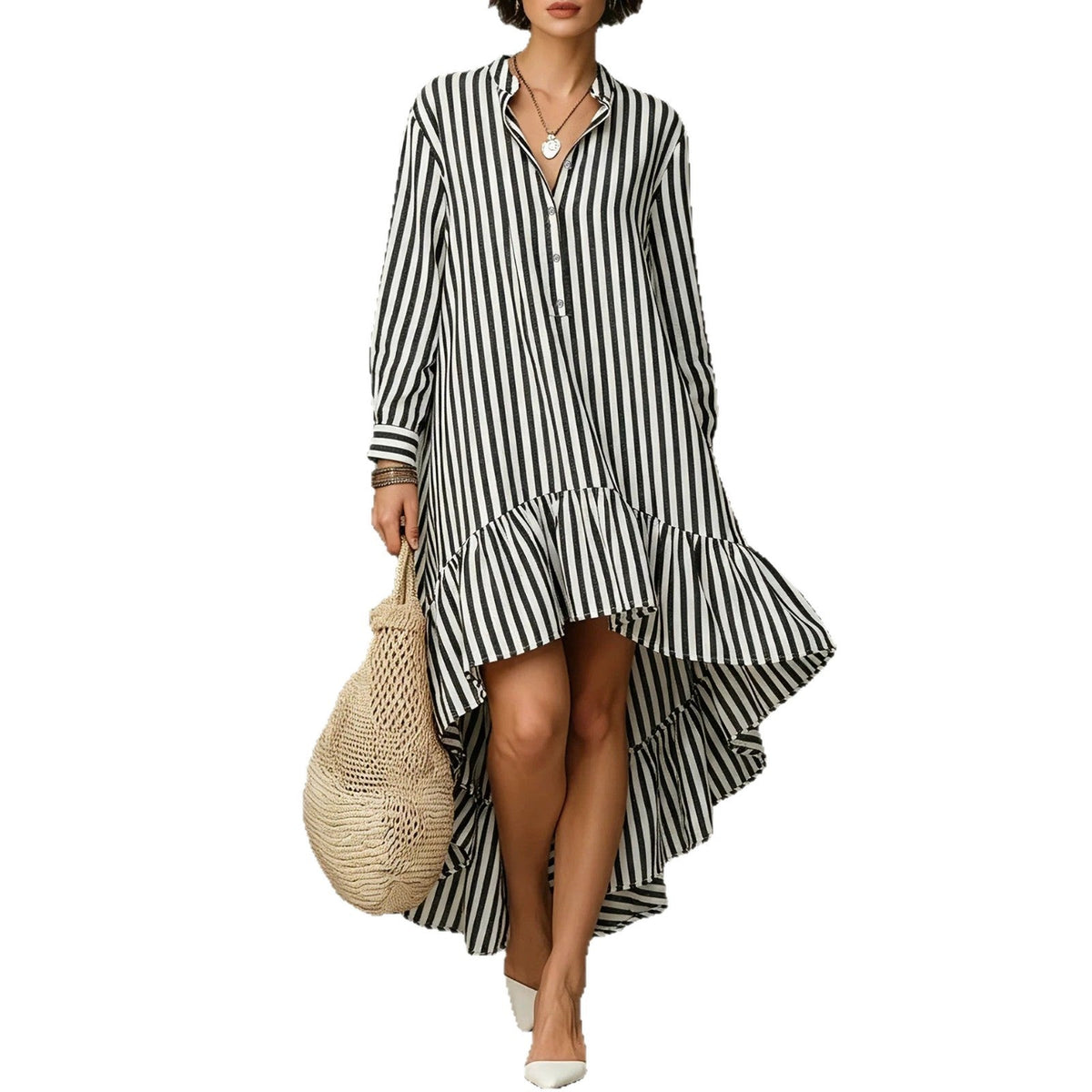 Robe longue à manches longues avec ourlet volanté et rayures verticales