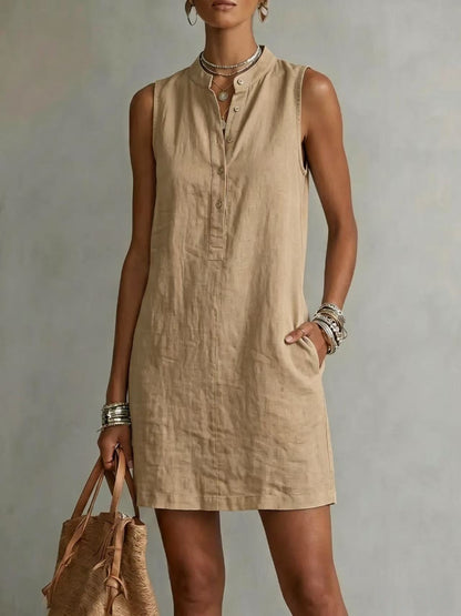 Mini-robe sans manches boutonnée en lin
