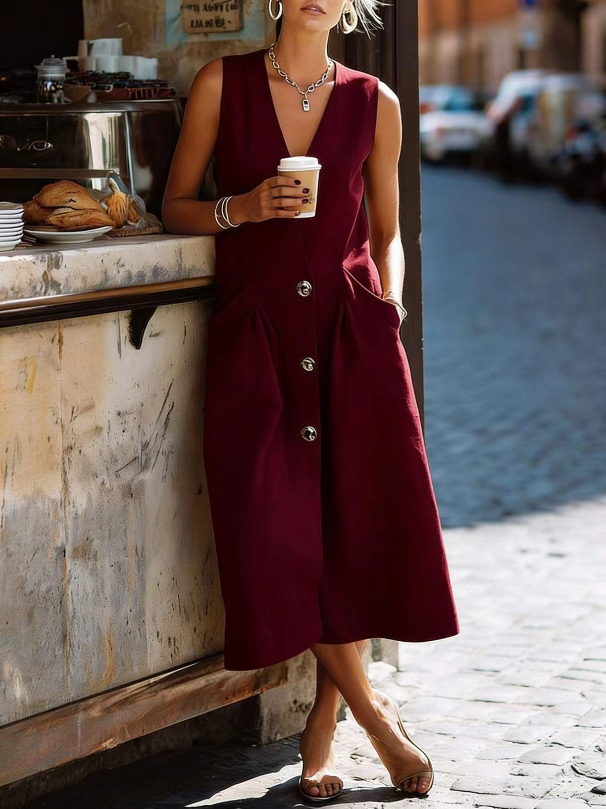 Robe midi sans manches à col en V et boutonnée sur le devant