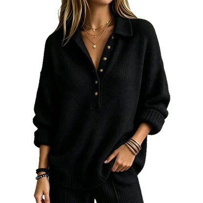 Pull Henley en maille à col lâche pour femme, manches longues, couleur unie, décontracté