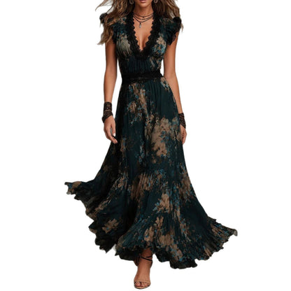 Robe longue bohème vintage à fleurs avec col en V, manches volantées en dentelle et ourlet à volants à la taille