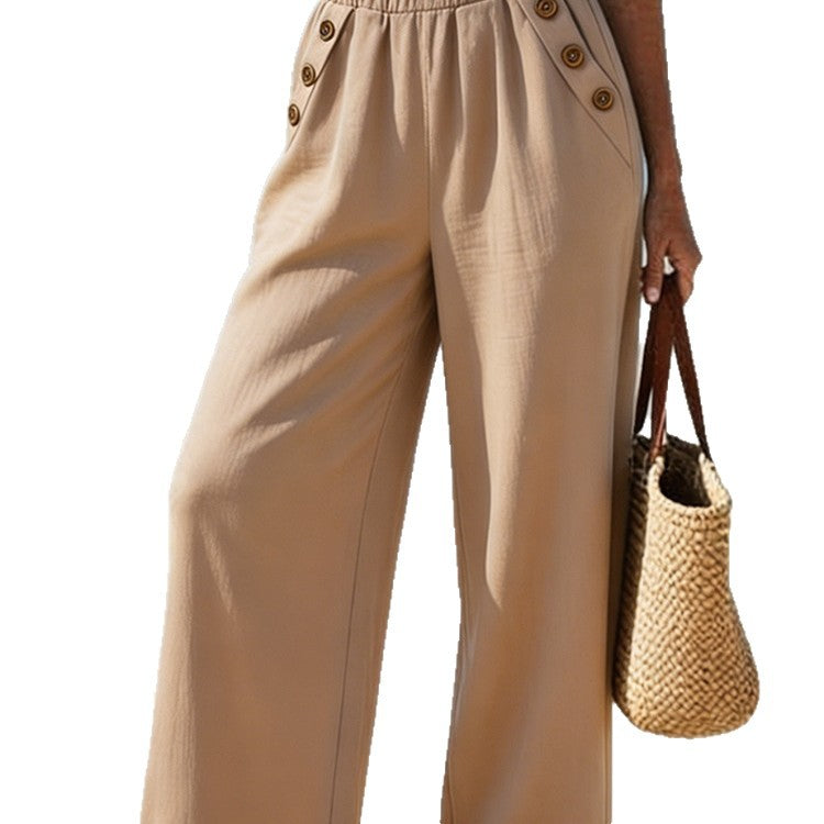 Pantalon décontracté taille haute boutonné à jambes larges