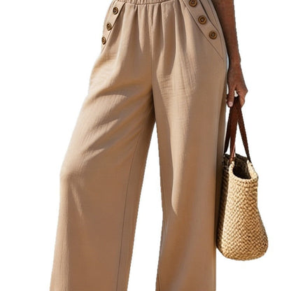 Pantalon décontracté taille haute boutonné à jambes larges