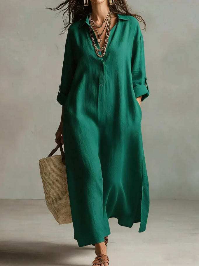 Robe chemise décontractée unie à revers à manches longues de style ample