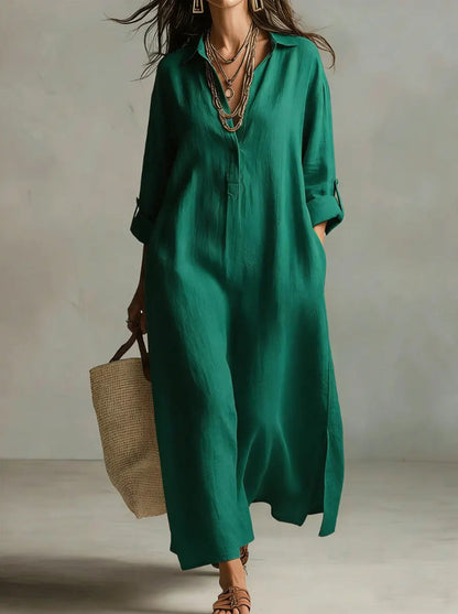 Robe chemise décontractée unie à revers à manches longues de style ample