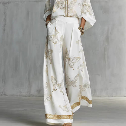 Ensemble deux pièces pantalon large taille haute, tenue de vacances élégante en satin de luxe