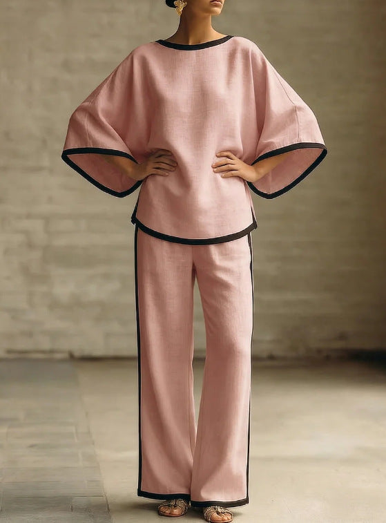 Ensemble deux pièces ample en coton et lin à col rond et manches chauve-souris élégant pour femme