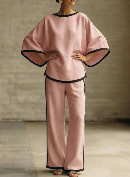 Ensemble deux pièces ample en coton et lin à col rond et manches chauve-souris élégant pour femme