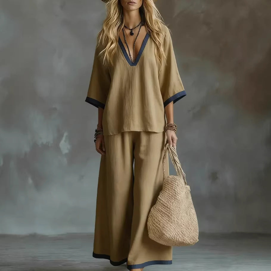 Ensemble deux pièces sans effort : haut col en V et pantalon large