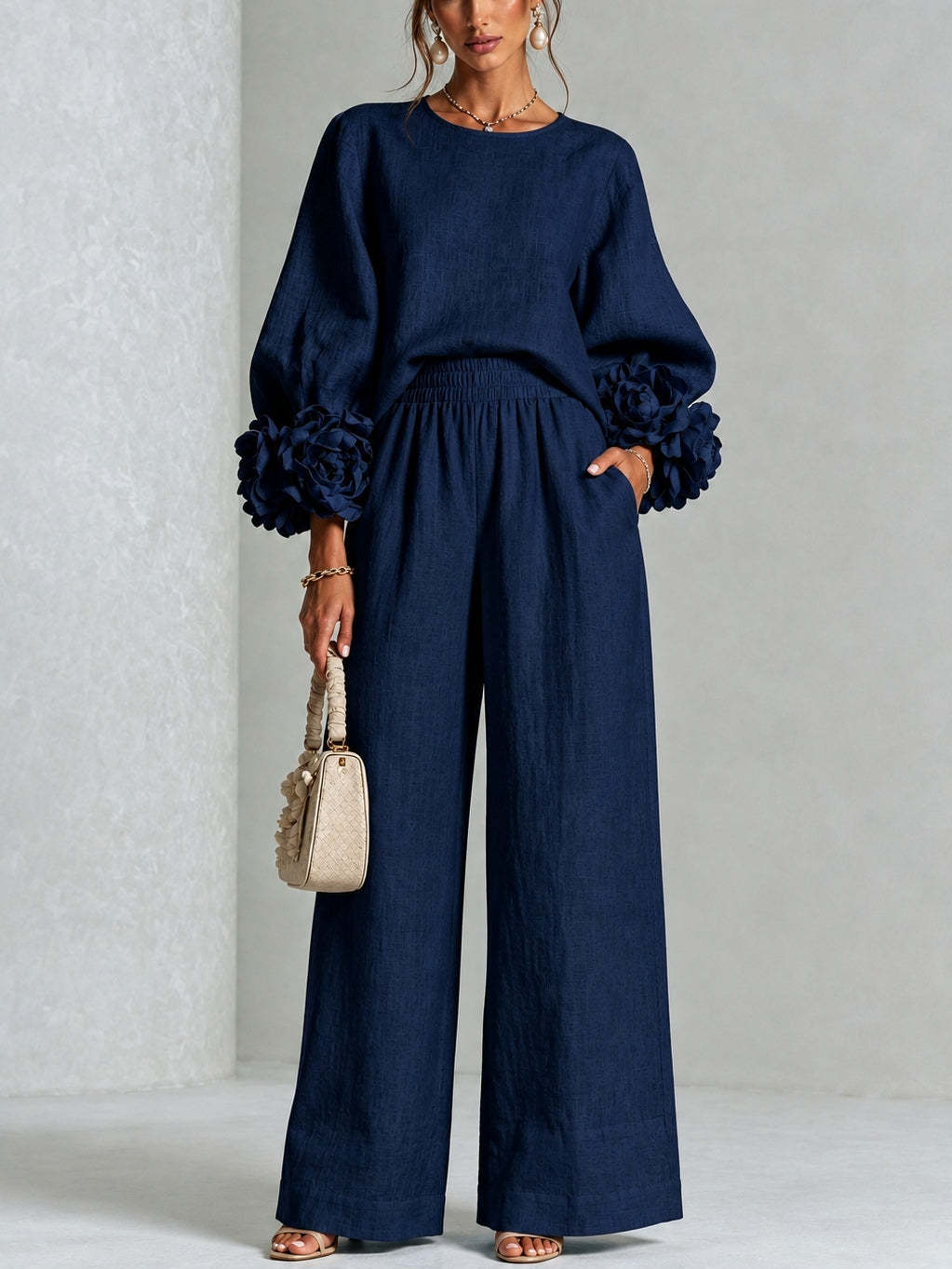 Pink Top Featuring Striking Floral Cuffs Paired With Wide-leg Pants Suit