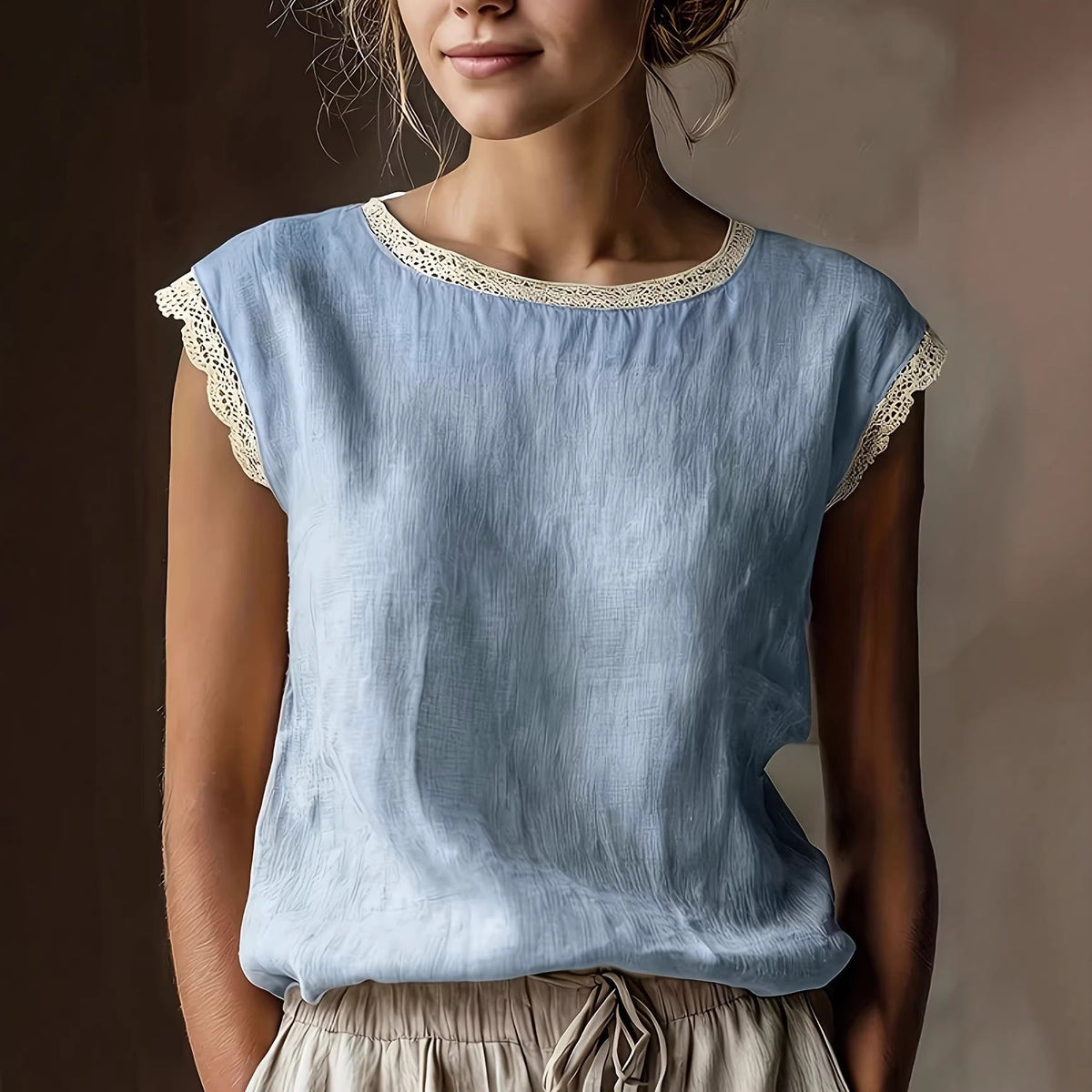 Chemisier en lin sans manches à col rond et dentelle de couleur unie ample et rétro pour femme