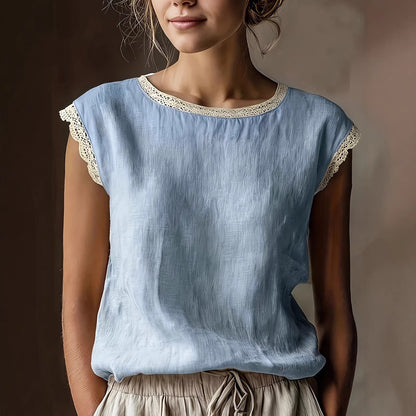 Chemisier en lin sans manches à col rond et dentelle de couleur unie ample et rétro pour femme