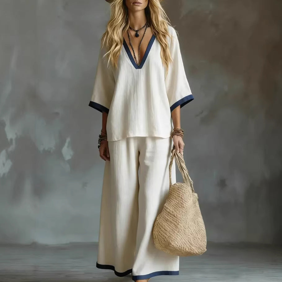 Ensemble deux pièces sans effort : haut col en V et pantalon large