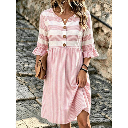 Stripe Mixed Print Linen‑Blend Midi Dress