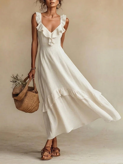 Robe longue maxi en mélange de lin à volants
