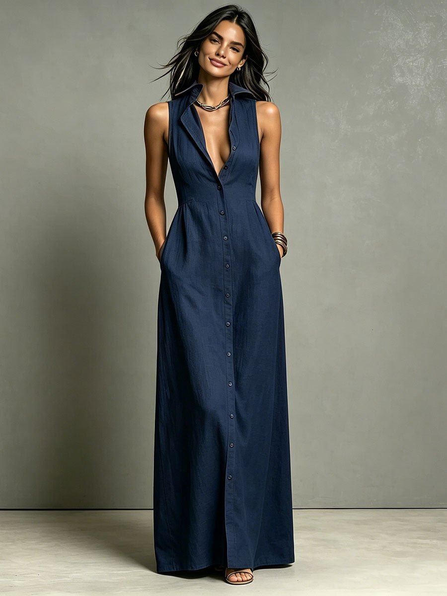 Robe chemise longue sans manches croisée et col en lin mélangé minimaliste pour femme