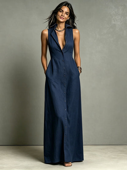 Robe chemise longue sans manches croisée et col en lin mélangé minimaliste pour femme