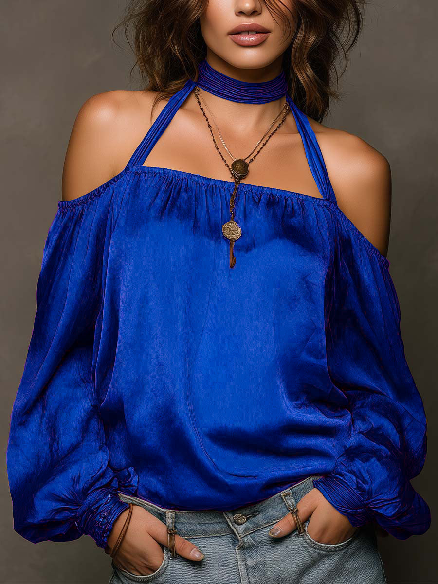 Haut chemise en satin mat à épaules dénudées « Tempérament »