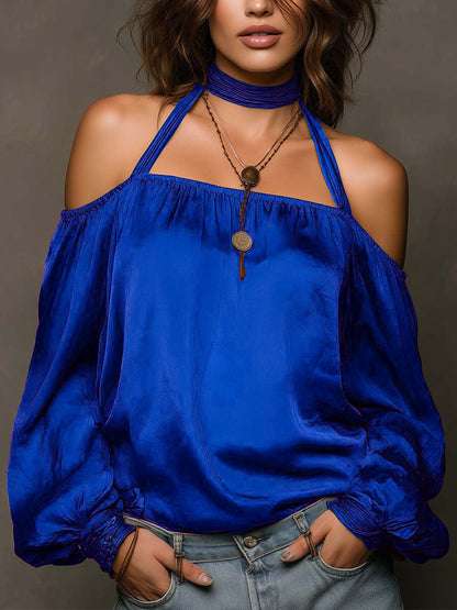Haut chemise en satin mat à épaules dénudées « Tempérament »