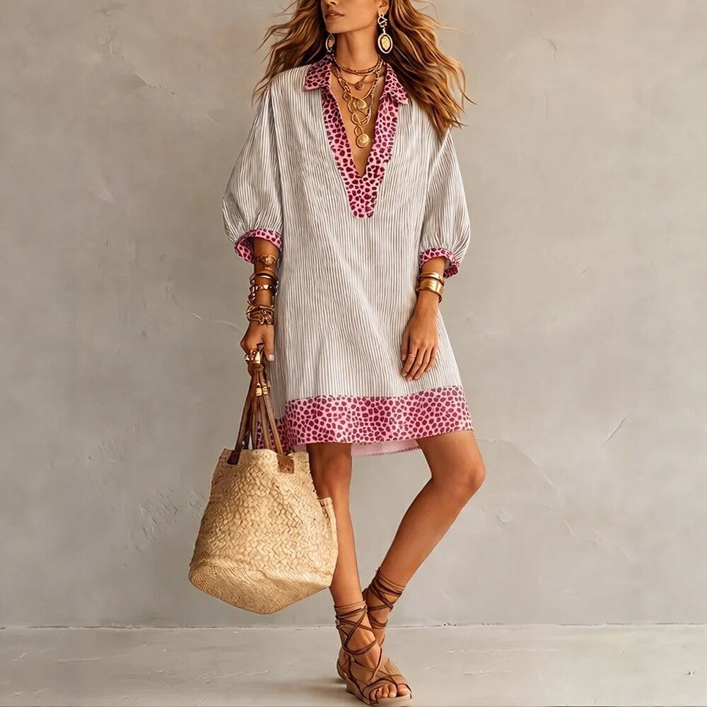 Mini-robe chemise ample à rayures léopard