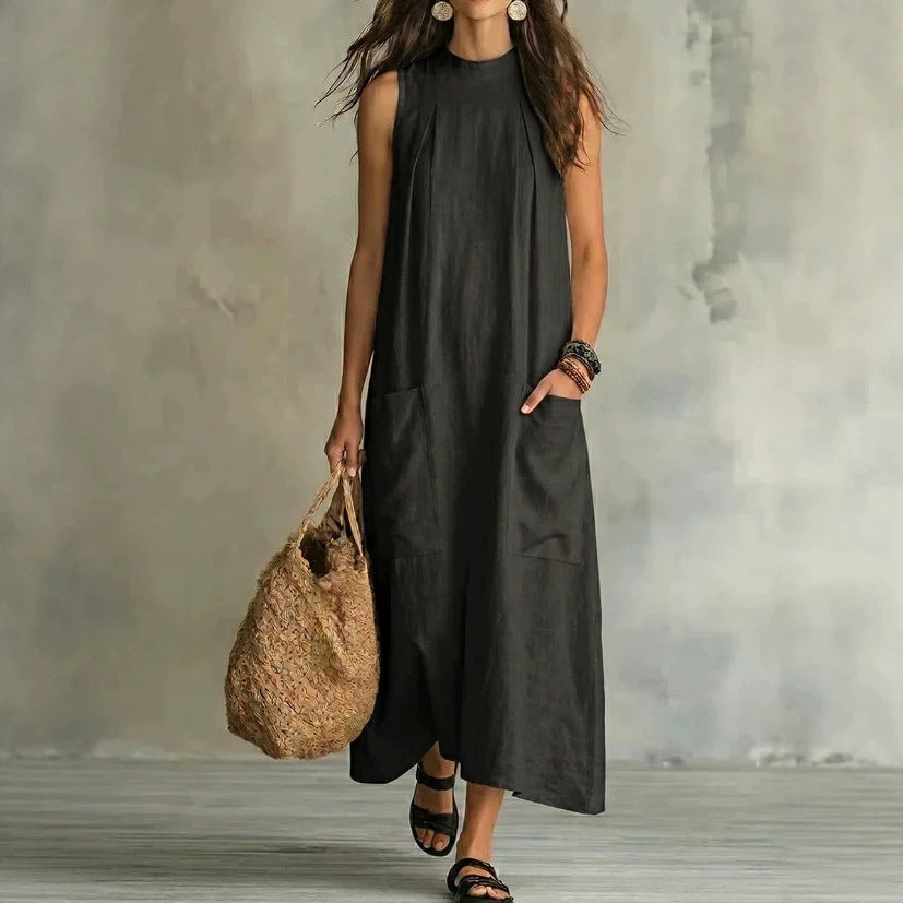 Robe longue sans manches ample en mélange de lin