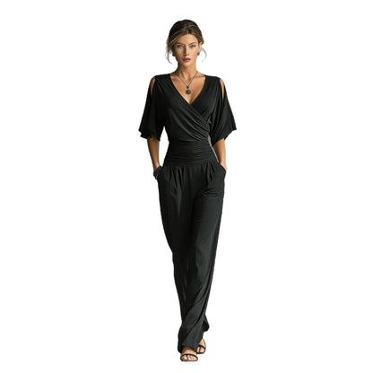 Combinaison pantalon drapée à épaules dénudées avec taille froncée et jambes larges