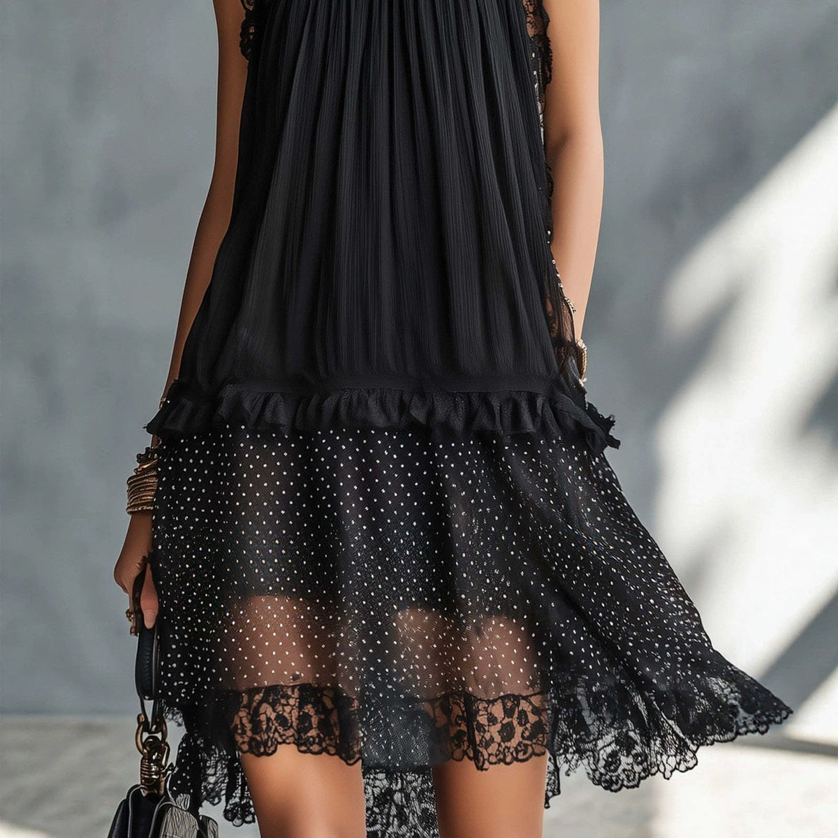 Black Lace Trim Polka‑Dot Layered Chiffon Midi Dress