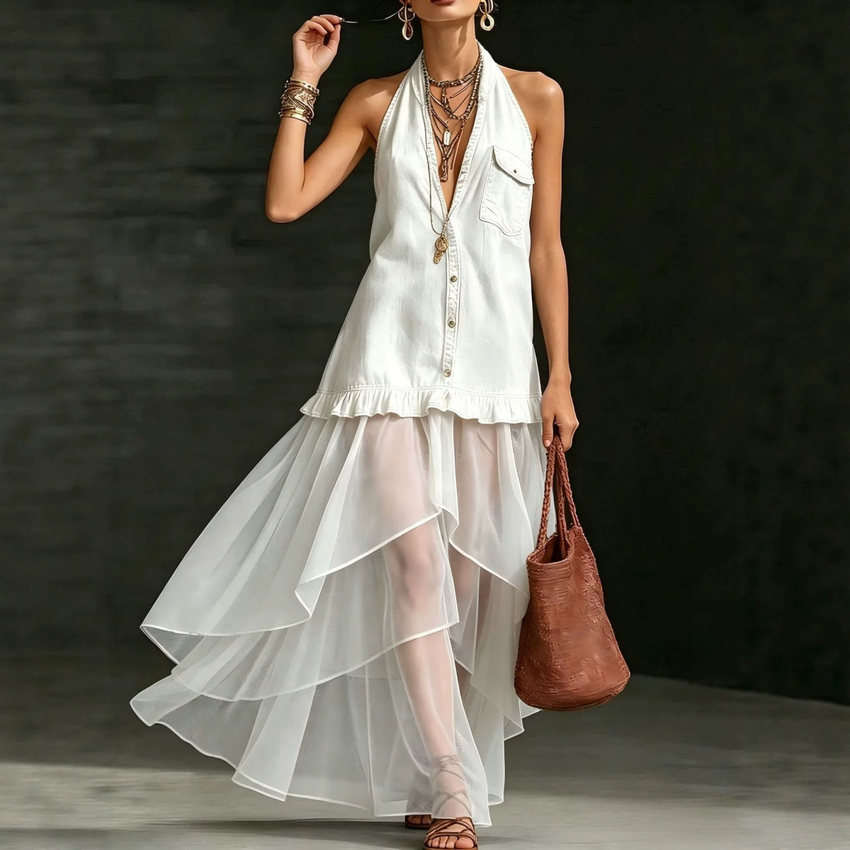 Robe longue en jean à empiècements en organza, élégante et raffinée