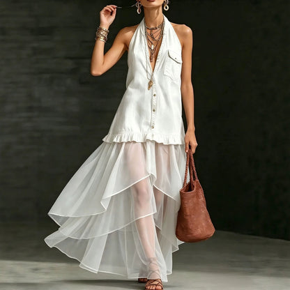 Robe longue en jean à empiècements en organza, élégante et raffinée