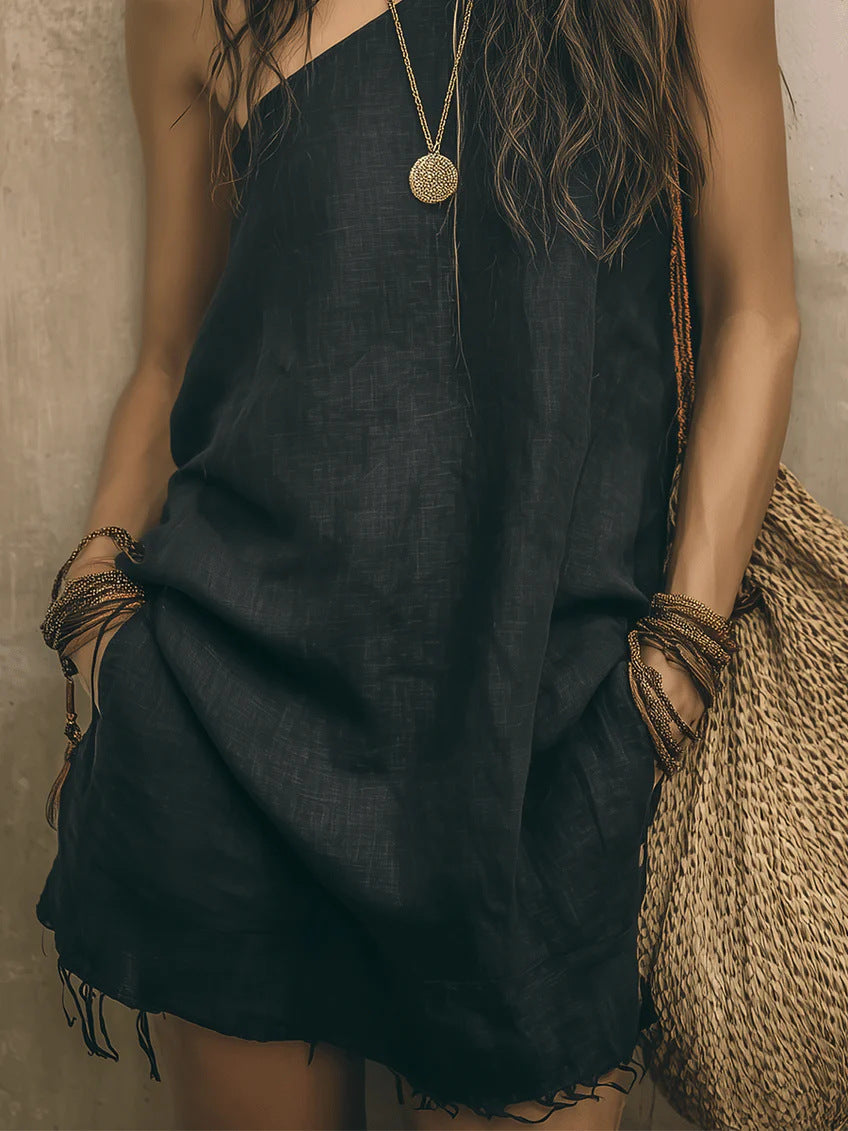 Robe Courte Épaule Unique En Lin Mélangé À Ourlet Effiloché Avec Poches