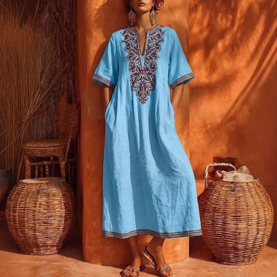 Robe Kaftan Midi à Broderies Florales en Lin, Col en V, Manches Courtes