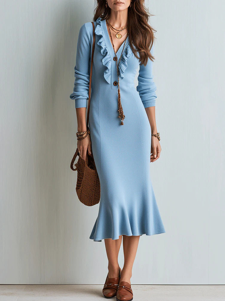Robe midi en maille à encolure en V volantée et ourlet sirène