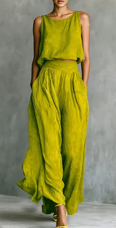 Ensemble assorti en lin texturé Chartreuse, débardeur sans manches et pantalon ample taille haute