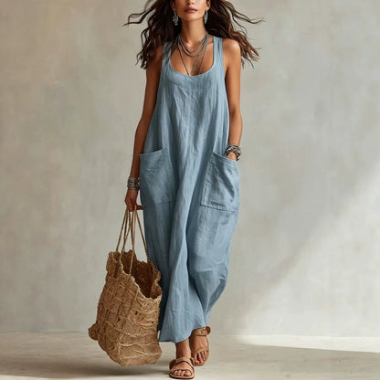Robe longue maxi décontractée et fluide, sans manches, col en U, avec poches