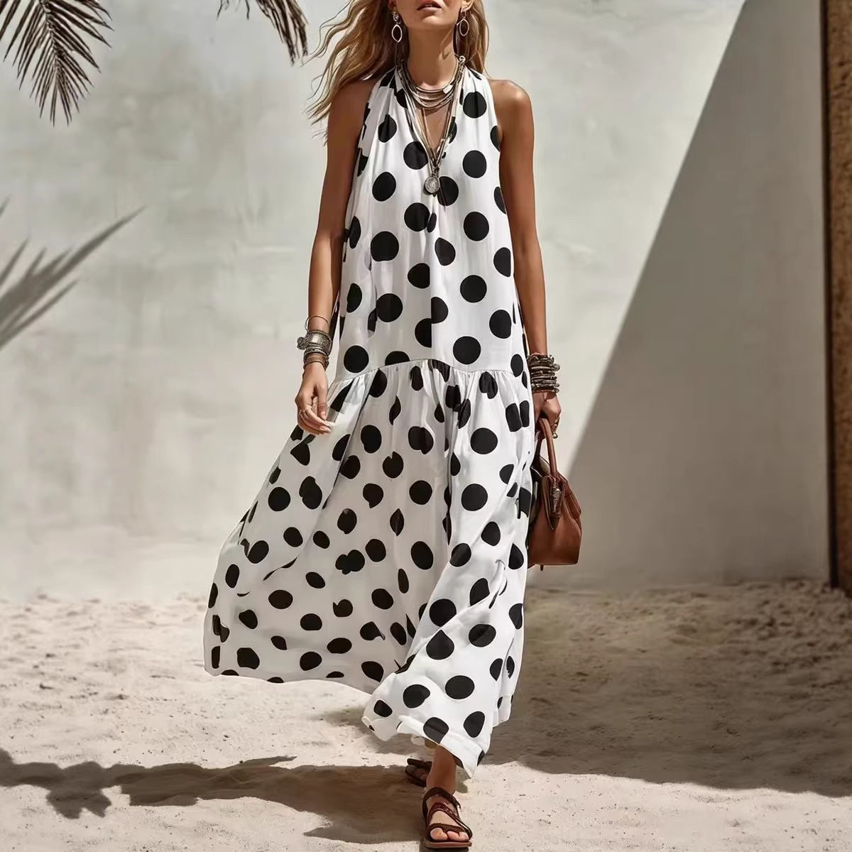Robe décontractée sans manches pour femme - Imprimé rayures et pois