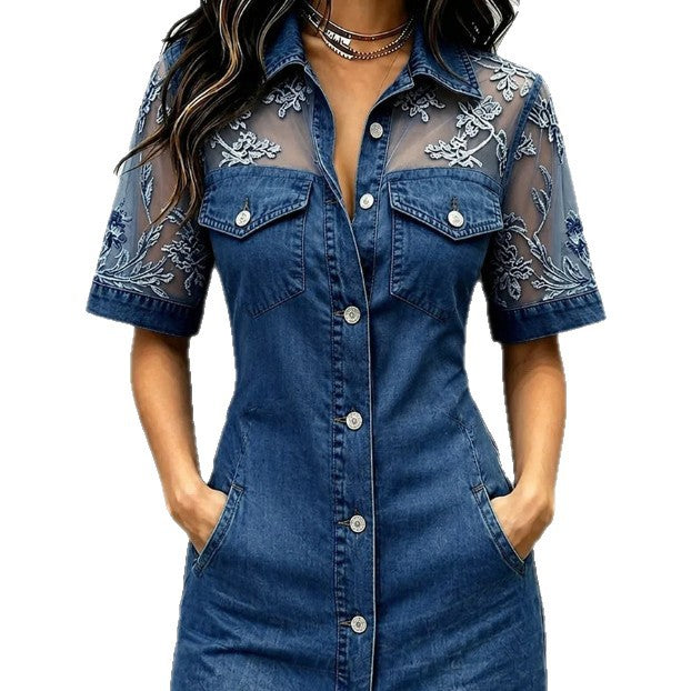 Mini-robe en jean brodée florale en maille transparente