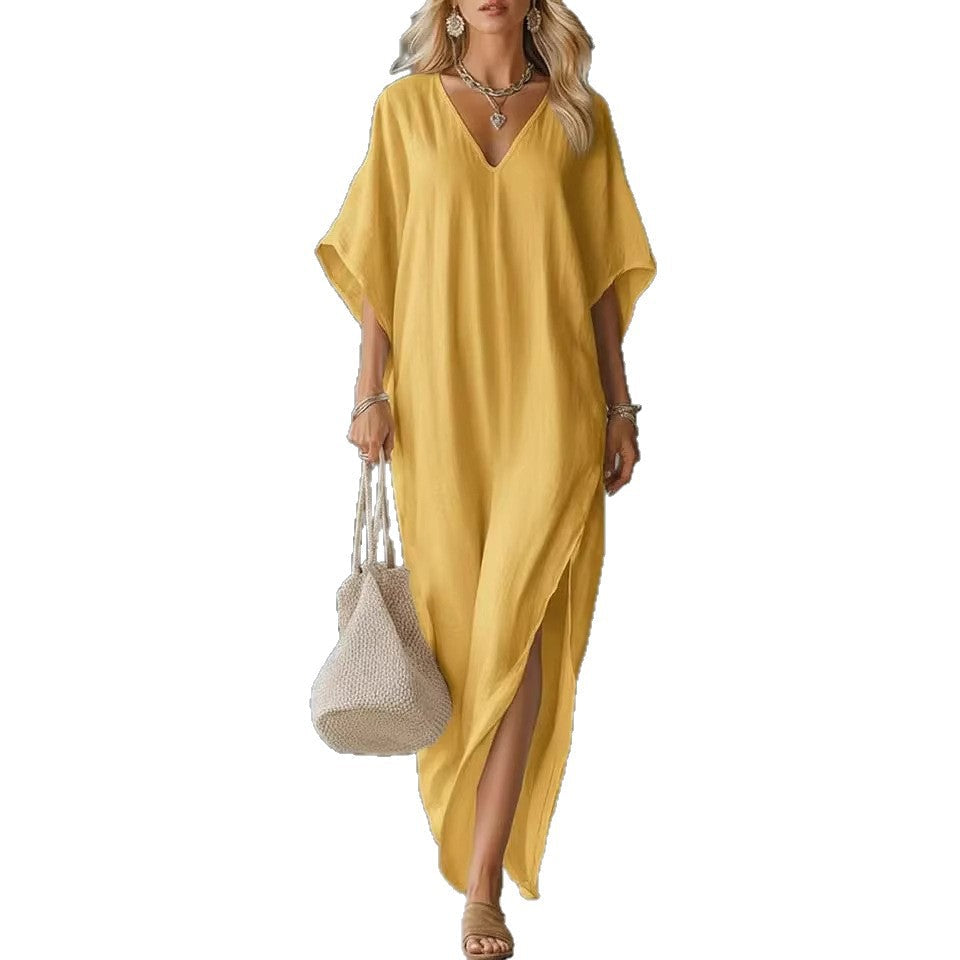 Robe longue caftan à col en V en mélange de lin