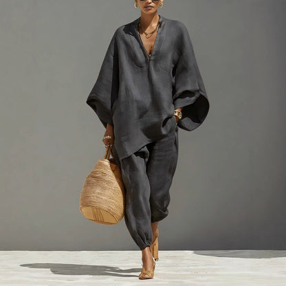 Women's Neutral Linen Set with Asymmetrical Hem & Minimalist Design, Sophisticated Casual-Everyday Style Set