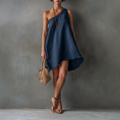Robe Mini Asymétrique en Lin à Une Épaule avec Ourlet Effiloché