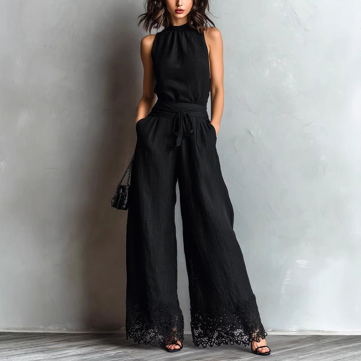 Ensemble gilet noir effet coton-lin à col montant et pantalon large orné de dentelle à nouer