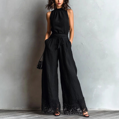 Ensemble gilet noir effet coton-lin à col montant et pantalon large orné de dentelle à nouer