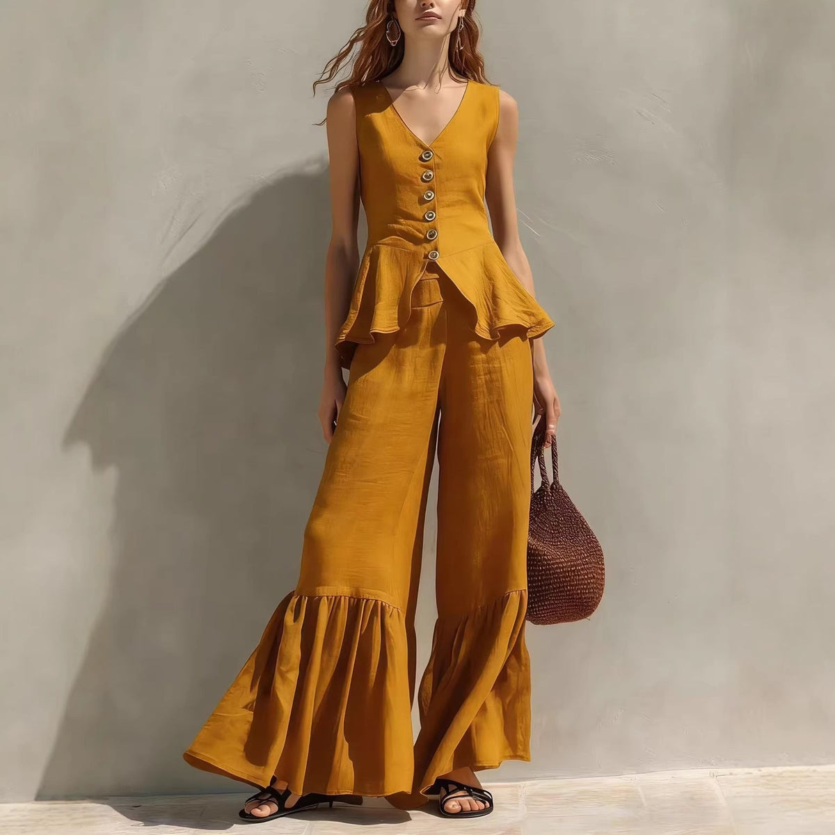 Ensemble haut péplum et pantalon large à volants en mélange de lin moutarde