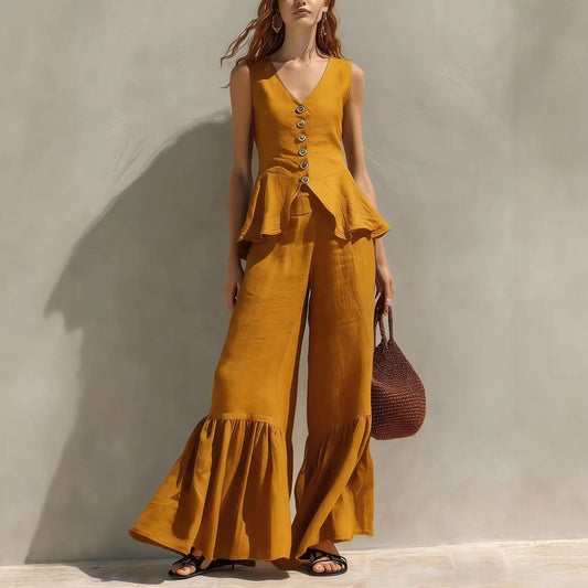 Ensemble haut péplum et pantalon large à volants en mélange de lin moutarde