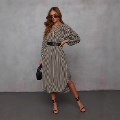 Robe midi rayée ceinturée