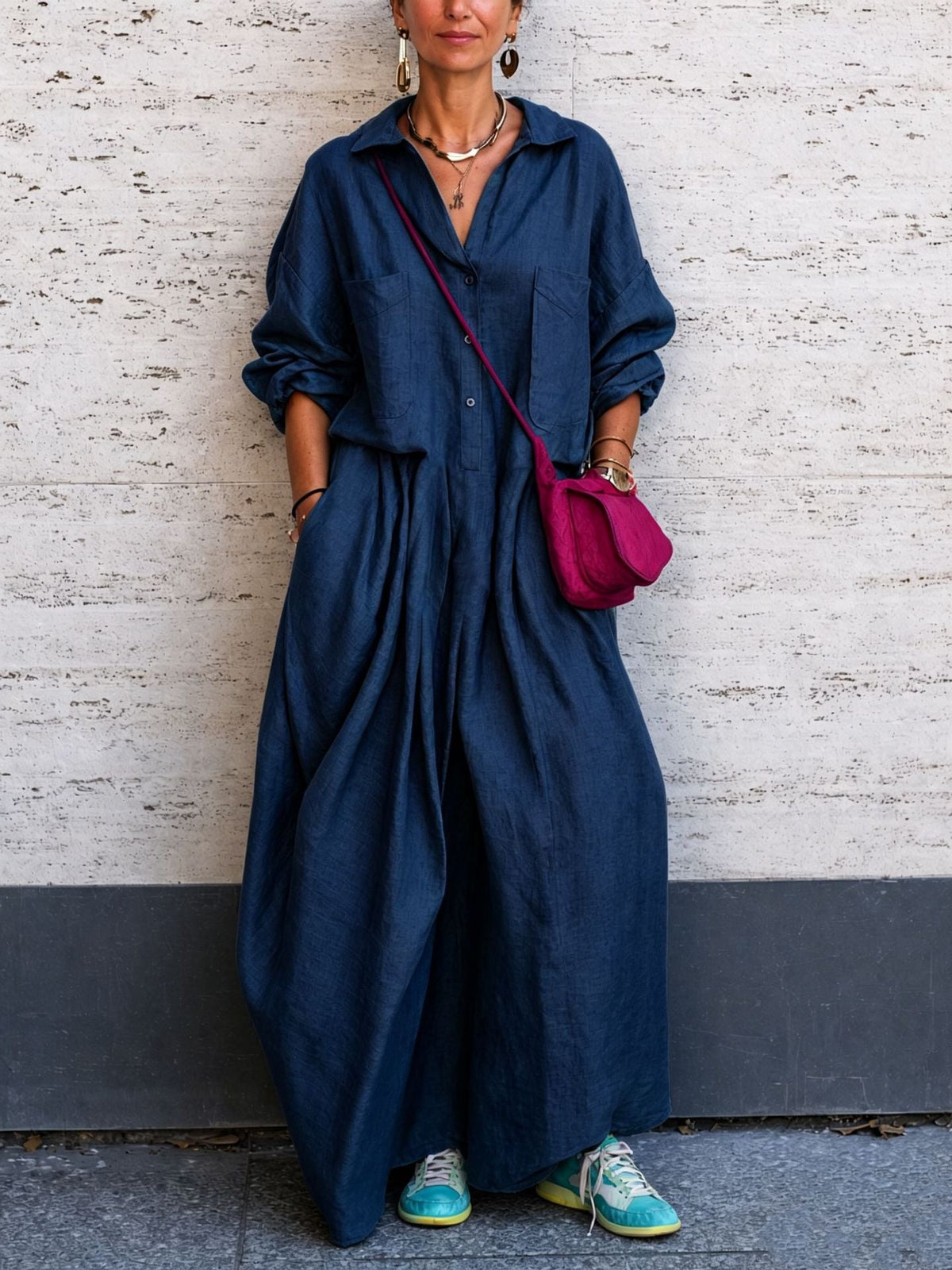 Oversized linen wide-leg jumpsuit