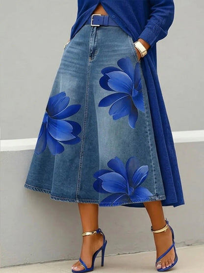 Jupe midi en jean à imprimé floral