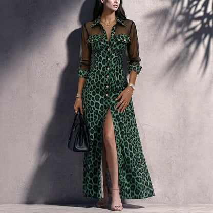 Robe longue chemise en maille imprimé léopard à manches